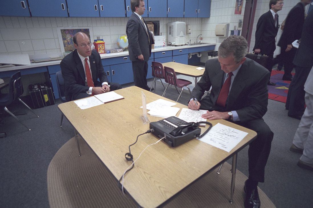 Bush and Press Secretary Ari Fleischer in a holding room at the school. </br>